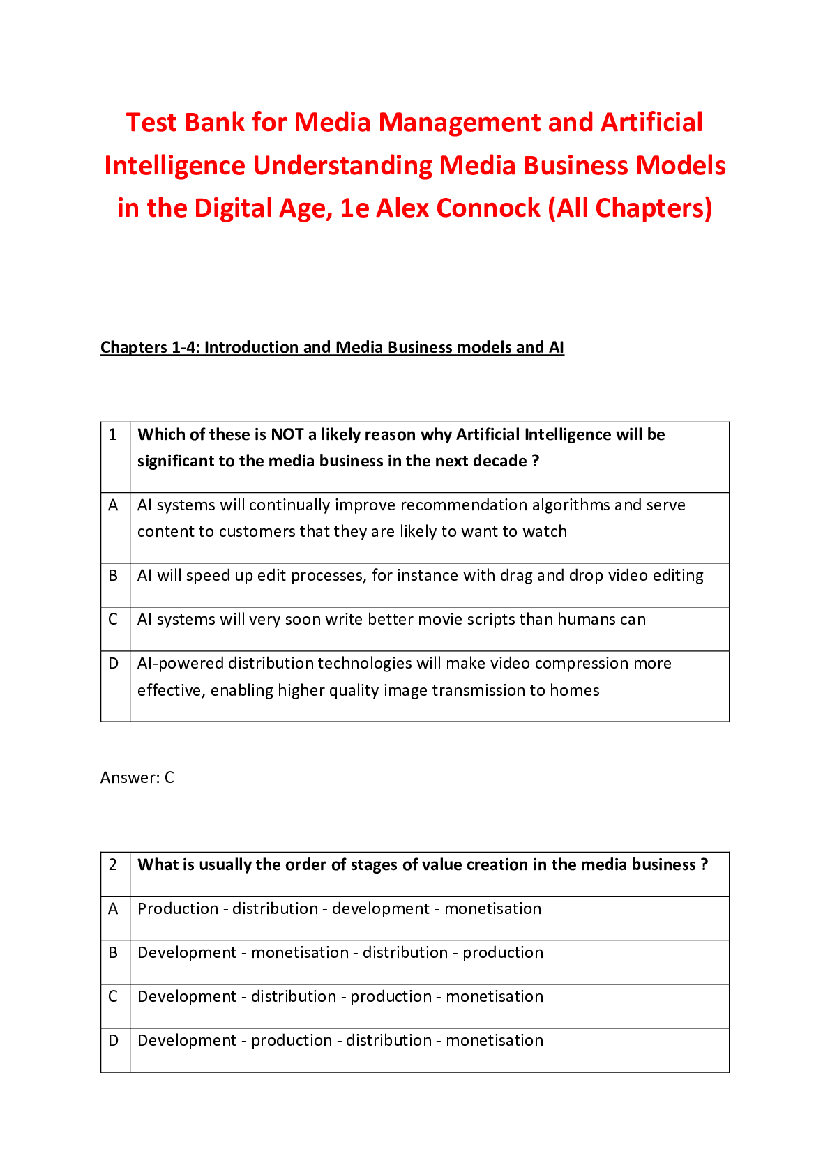 Recommended document preview for Media Management and Artificial Intelligence Understanding Media Business Models in the Digital Age, 1e Alex Connock (Test Bank)